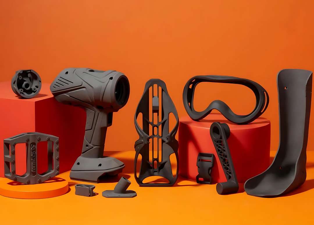 Colección de piezas impresas con Formlabs Nylon 11 Black Powder — pedal de bicicleta, carcasa de herramienta eléctrica, soporte para botella de agua, marco de gafas de esquí, prótesis y enganches — sobre fondo naranja
