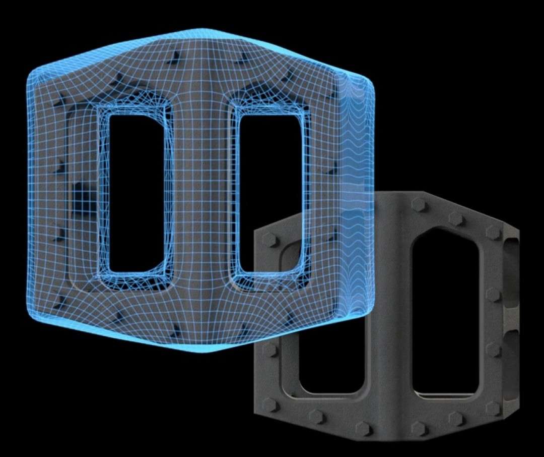 Visualización que muestra la Armadura Superficial semi-sinterizada (estructura de malla azul) envolviendo un pedal de bicicleta impreso en Nylon 12 GF