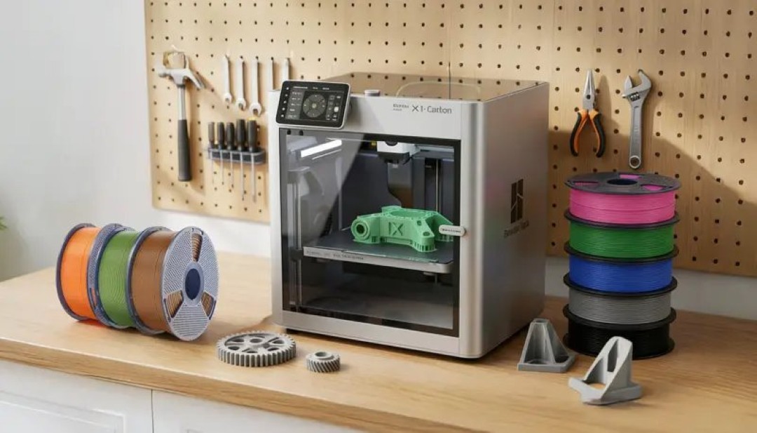 Impresora 3D de escritorio con una pieza verde en su interior, situada junto a bobinas de plástico de varios colores y herramientas en un panel perforado.