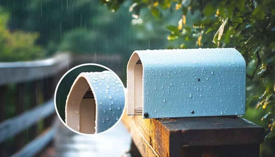 Un buzón azul impreso en 3D con gotas de agua está bajo la lluvia sobre una barandilla de madera.