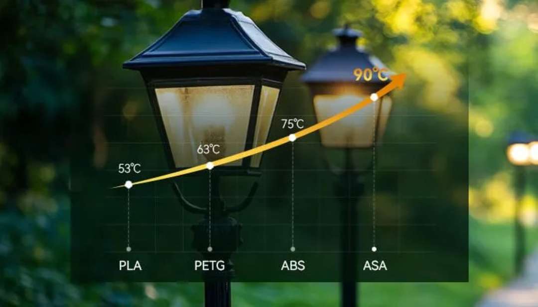 Un gráfico lineal sobre el fondo de una farola ilustra el aumento de los límites de temperatura desde el PLA hasta el ASA más resistente.