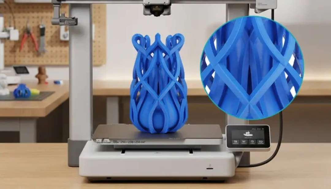 Modelo 3D azul de un jarrón con elementos entrelazados en la plataforma de una impresora 3D, con un recuadro circular que muestra de cerca la superficie lisa de las capas impresas.