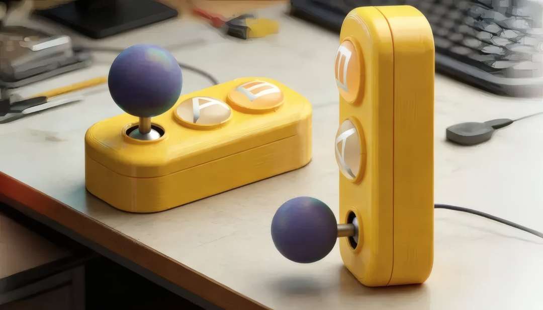 Dos mandos de control amarillos con botones y joysticks, fabricados mediante impresión 3D.