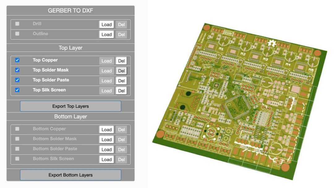 Panel de software para exportar capas Gerber al formato DXF junto a la placa verde terminada