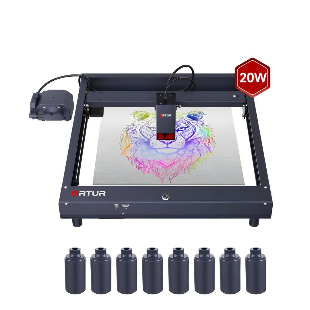 Ortur Laser Master H10 20W full machine front view with eight stackable aluminium height risers aligned below the frame, 20W badge in the top-right corner