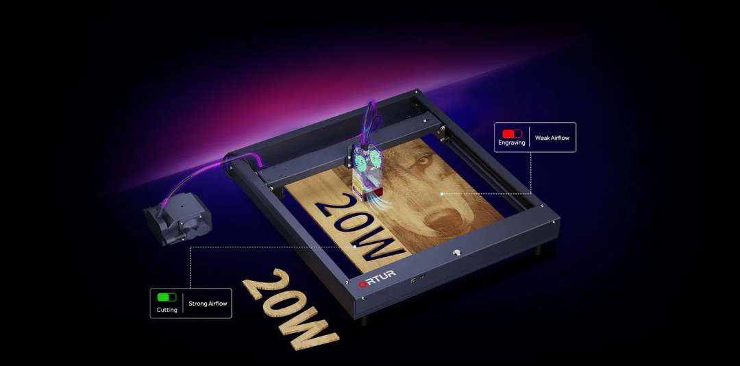 Ortur H10 air assist system diagram: the external pump on the left connected via tube to the laser module; cutting mode label shows strong airflow, engraving mode label shows weak airflow, with a portrait engraved on wood visible on the work surface