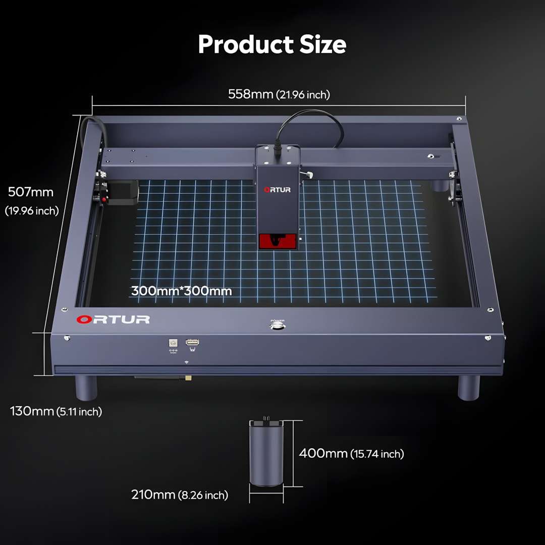 Ortur H10 product size diagram showing overall machine dimensions of 558 x 507 x 130 mm with 300 x 300 mm work area grid, and separate riser element dimensions of 210 mm diameter and 400 mm height