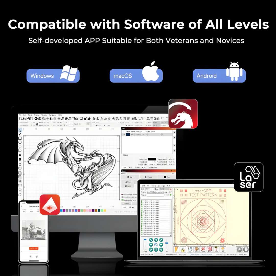 Ortur H10 software compatibility overview showing Windows, macOS, and Android support with LightBurn, LaserGRBL, and Ortur app interfaces