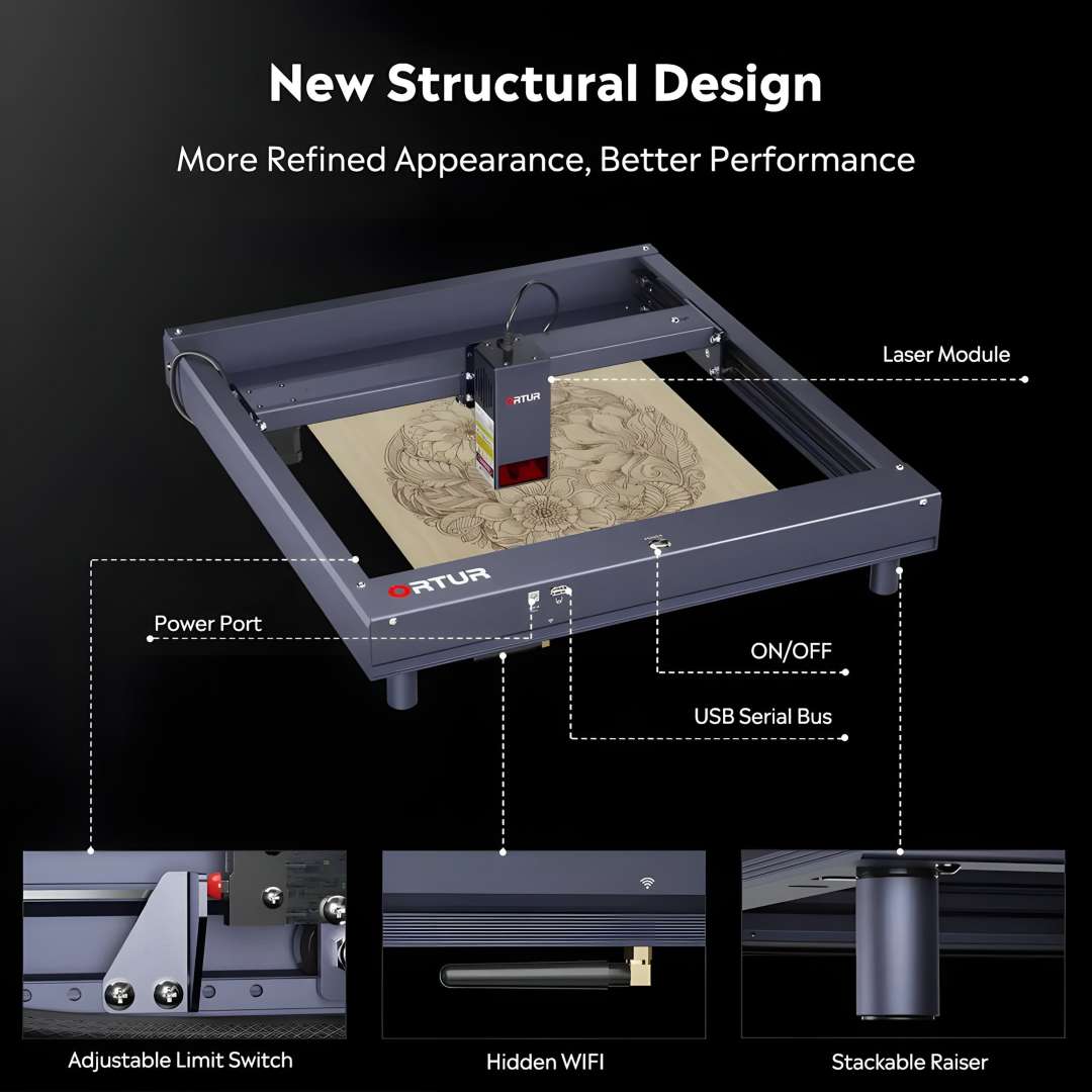 Ortur H10 structural design overview with labelled power port, USB serial bus, ON/OFF button, and laser module on the main frame; three inset close-ups showing the adjustable limit switch, the hidden WiFi aerial slot, and a stackable aluminium raiser fitted to the foot
