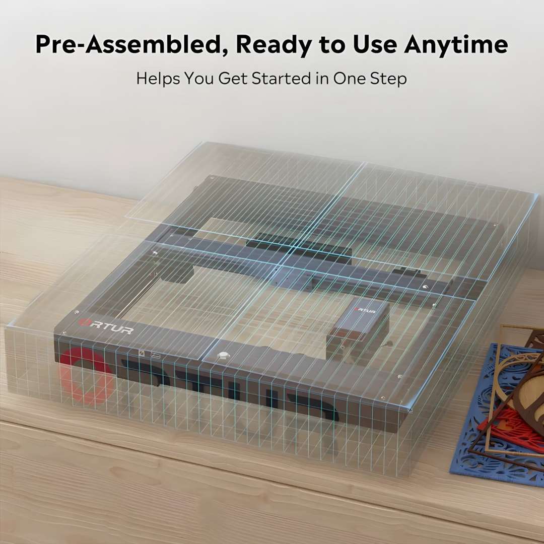 Ortur H10 laser engraver shown pre-assembled under a clear protective cover on a wooden desk surface, ready to use out of the box