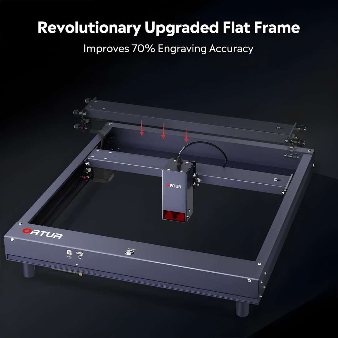 Ortur H10 upgraded flat X-axis frame design with red arrows showing the three contact points that constrain the gantry beam flush, claiming 70% improvement in engraving accuracy