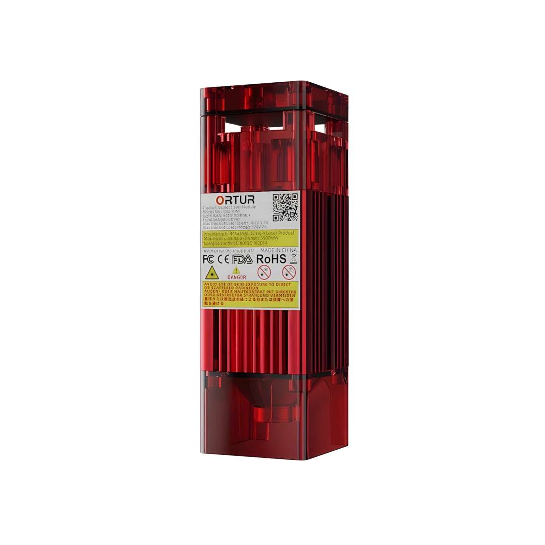 Ortur LU2-4-SF 5W laser module standalone product shot showing red anodized aluminium housing with FDA, CE, FCC and RoHS certification labels