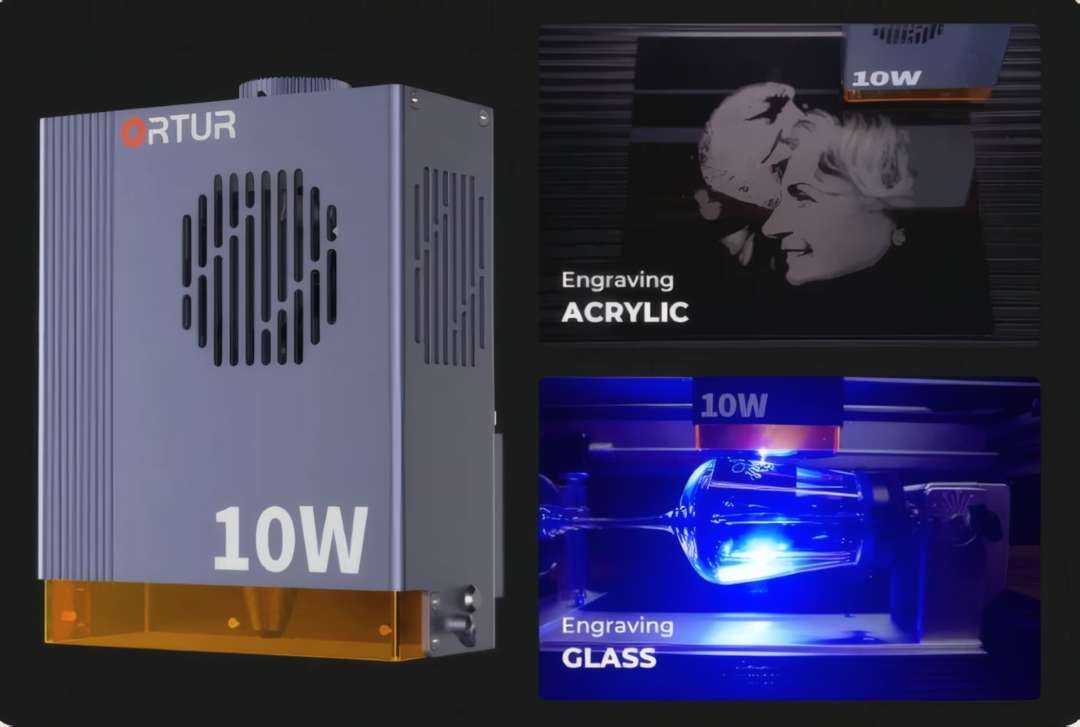 Módulo láser Ortur H20 de 10 W junto a muestras de grabado: escala de grises en acrílico y grabado sobre vidrio iluminado en azul