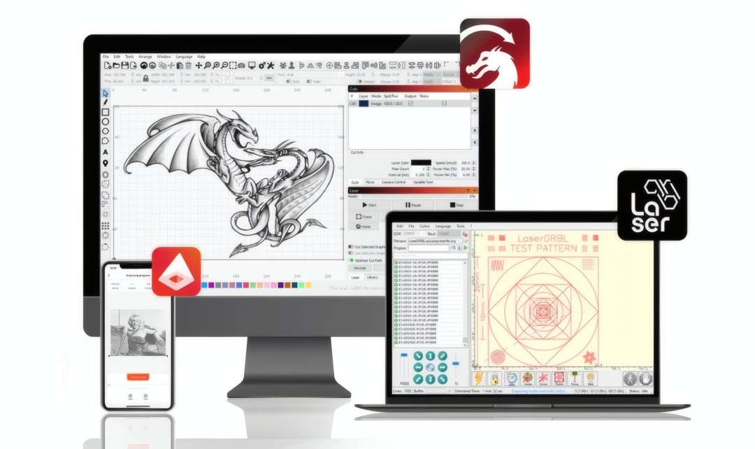 Entornos de software para el Ortur H20: área de trabajo de LightBurn, panel de control de LaserGRBL e iconos de la aplicación móvil