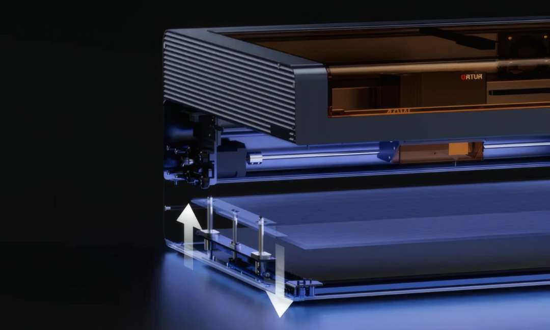 Cross-section of the Ortur H20 housing showing the visible gantry rails and Z-axis lift arrows above the honeycomb platform