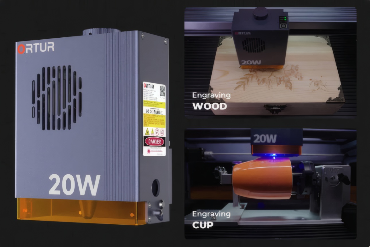 Ortur H20 20 W laser module shown separately and while engraving a floral pattern on wood and an orange ceramic mug