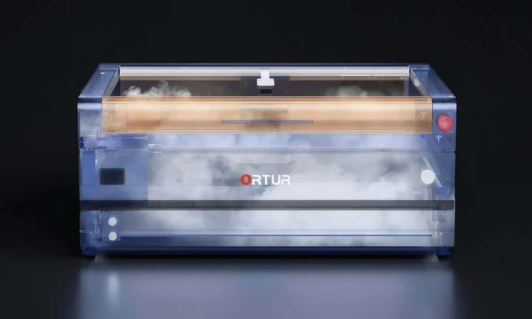 Semi-transparent Ortur H20 housing showing the internal fan, laser module and guide rails amid rising smoke