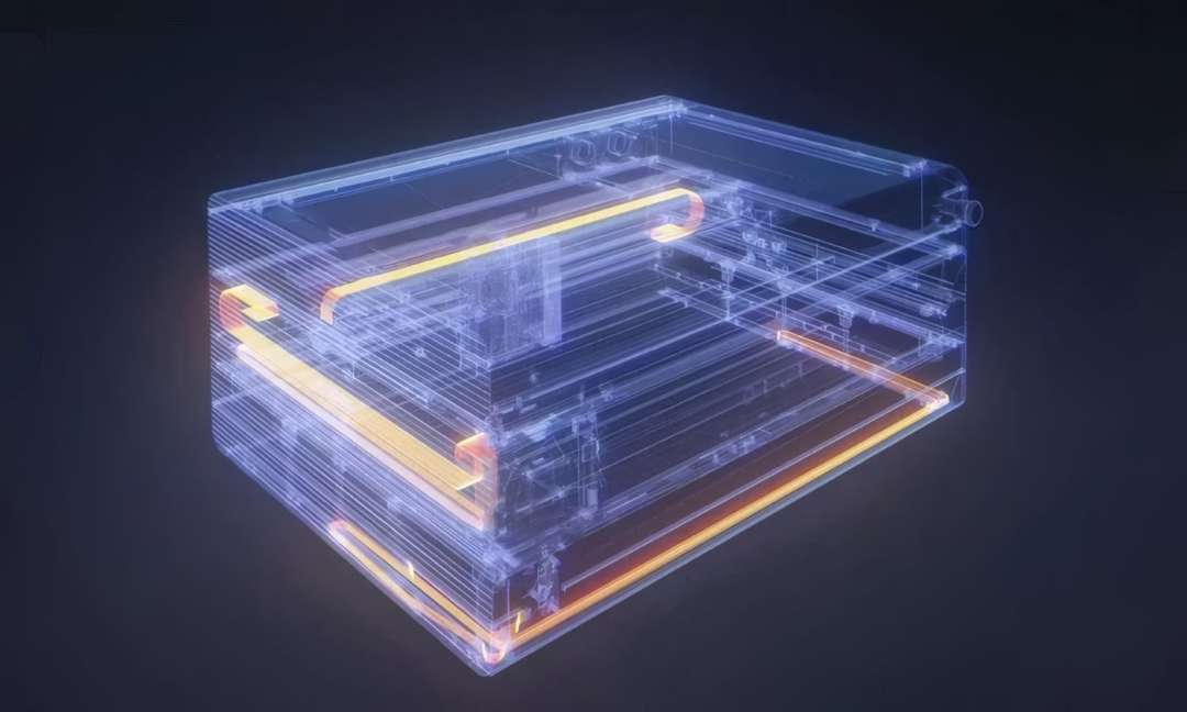 X-ray-style view of the Ortur H20 housing with internal aluminium guide rails and illuminated guide rods