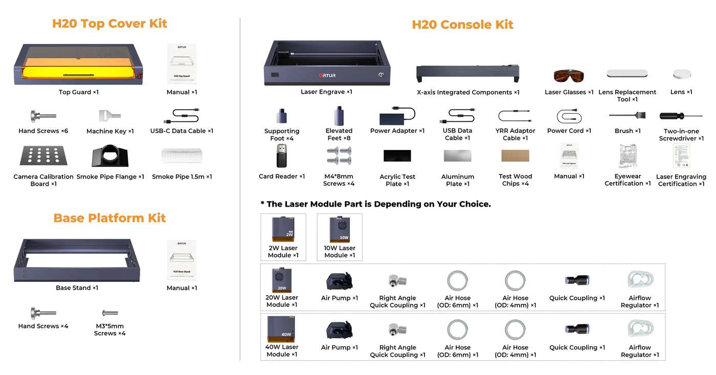 Ortur H20 40W Contenido del paquete: grabadora, purificador de humo, mandril giratorio y patas plegables