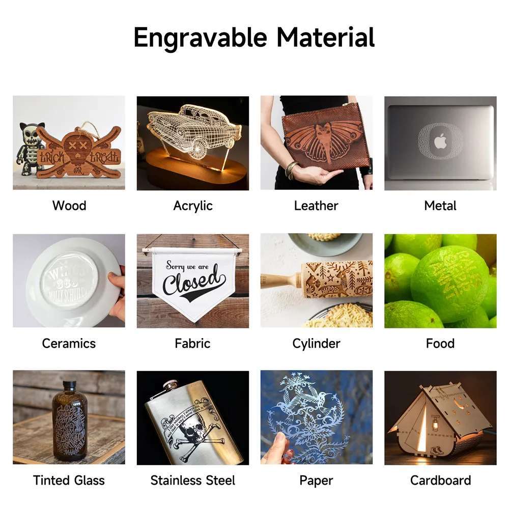 Muestra de diversos materiales grabados y cortados con el Ortur OLM3 10W, incluyendo madera, acrílico y metal, destacando la versatilidad y precisión de la máquina en distintos proyectos.