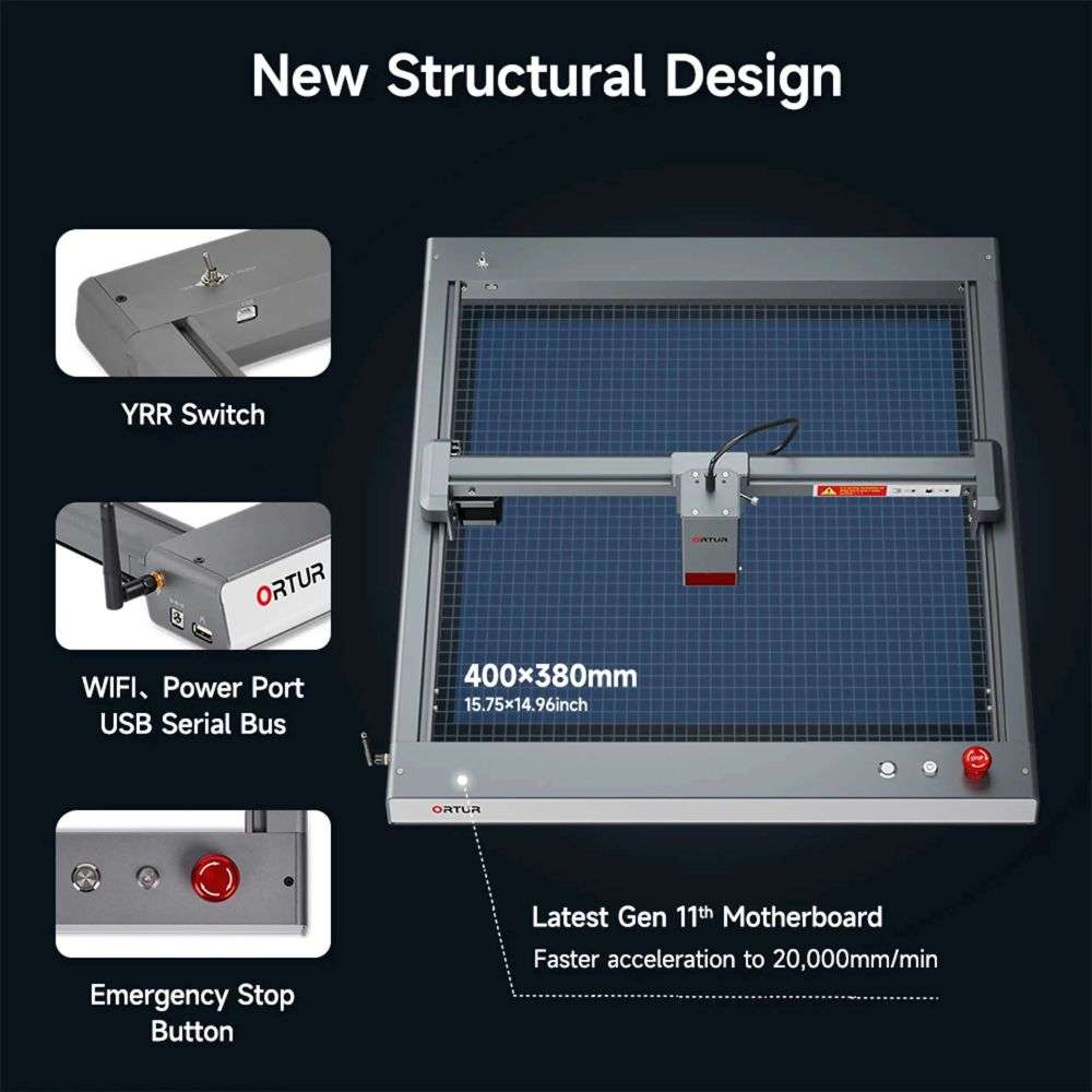 Representación detallada del Ortur OLM3 10W, mostrando su diseño estructural optimizado para una conectividad moderna y diversas opciones de control como Wifi, USB y tarjeta SD.