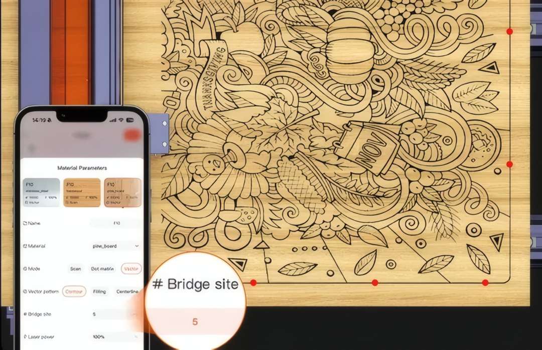 Mobile app interface for setting retention points on detailed wood engraving