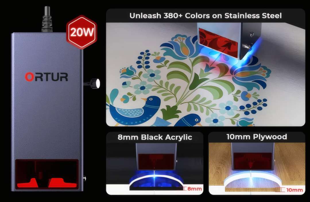 El módulo láser Ortur de 20 W corta acrílico negro y contrachapado, y graba diseños multicolor sobre acero inoxidable