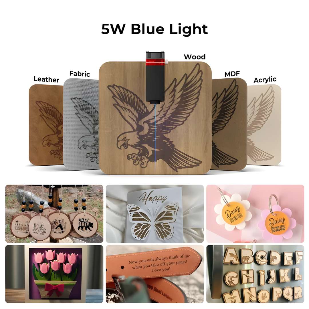 Ortur LU3-5B 5W blue light material collage: detailed eagle motif engraved on wood, leather ornament pendants, acrylic butterfly cutout, pet ID tags, personalised leather belt engraving, and wooden alphabet letter set