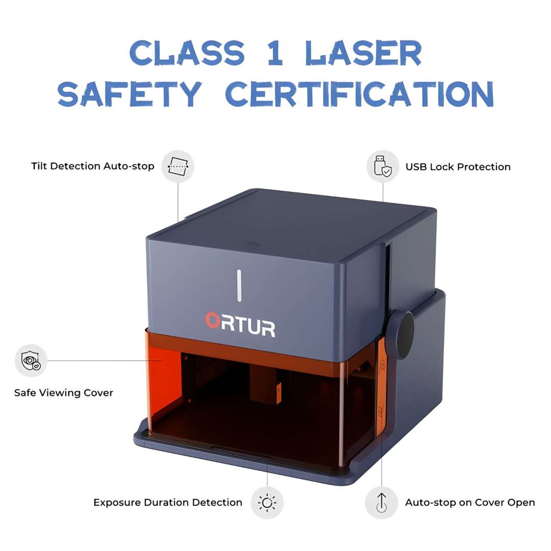 Ortur R1 Class 1 Laser Safety Certification infographic with five labelled active protection features: tilt detection auto-stop, USB lock protection, safe viewing cover, exposure duration detection, and auto-stop on cover open