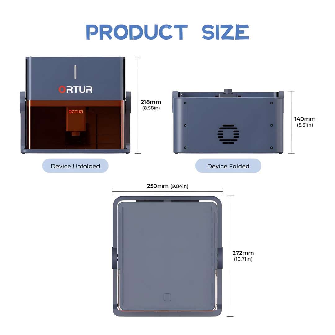 Ortur R1 dimension diagram: unfolded height 218 mm, folded height 140 mm, base footprint 272 mm x 250 mm shown from front, side, and top views