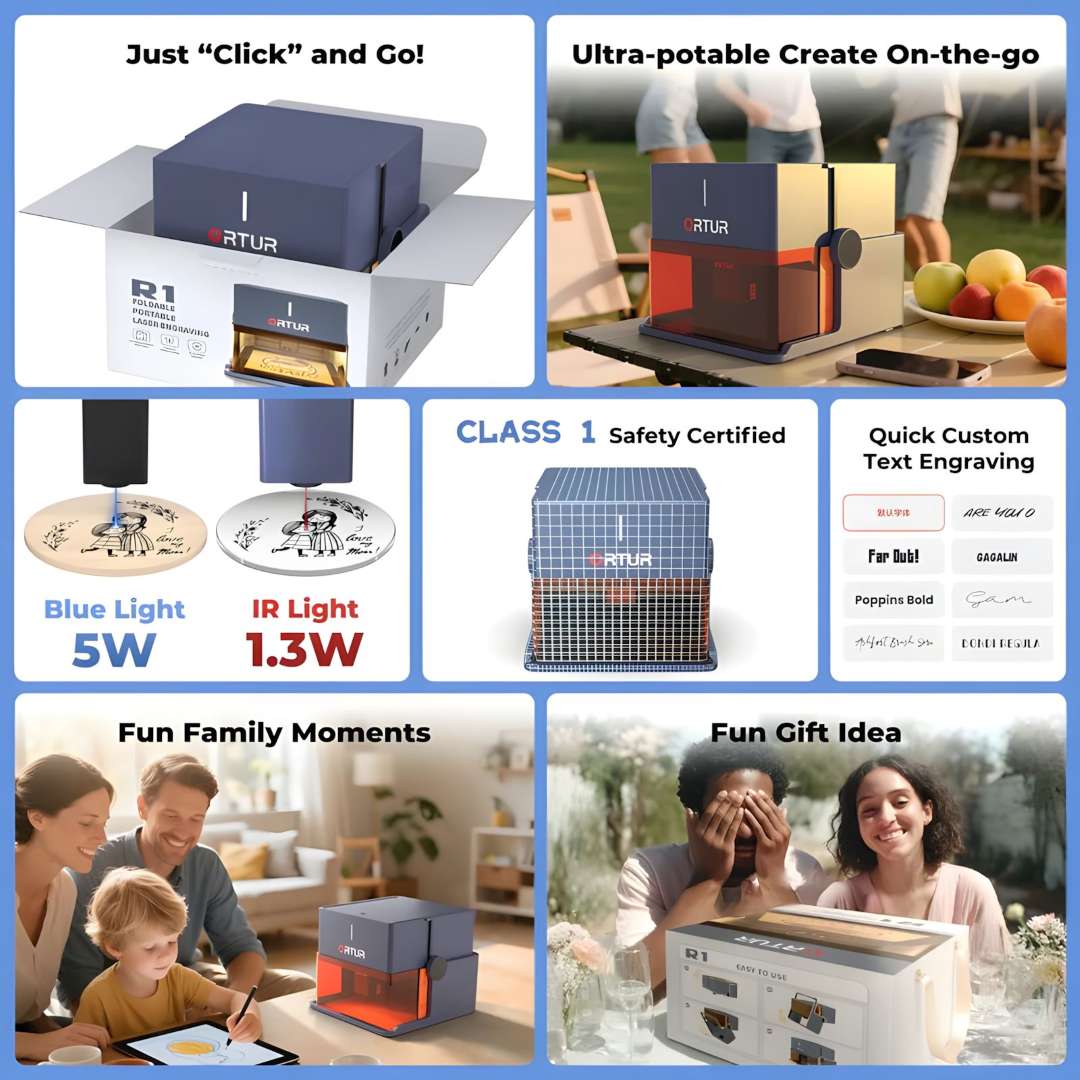 Ortur R1 six-panel features overview: instant box-to-engrave setup, outdoor portability, dual 5W blue and 1.3W IR laser options, Class 1 safety certification, quick custom text engraving mode, and family-friendly home use