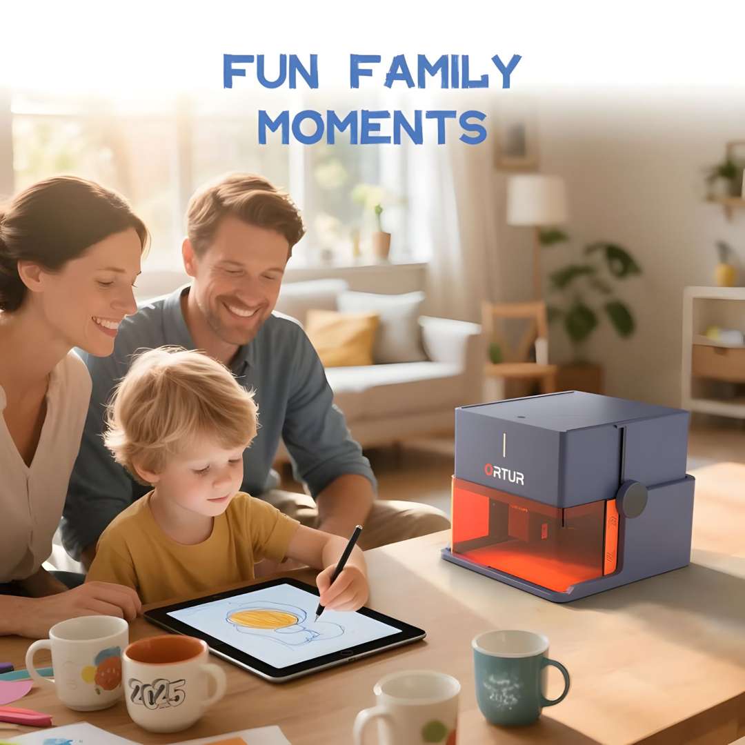 Family of three using the Ortur R1 laser engraver at home — child drawing on a tablet while parents observe, machine actively engraving on the same living room table