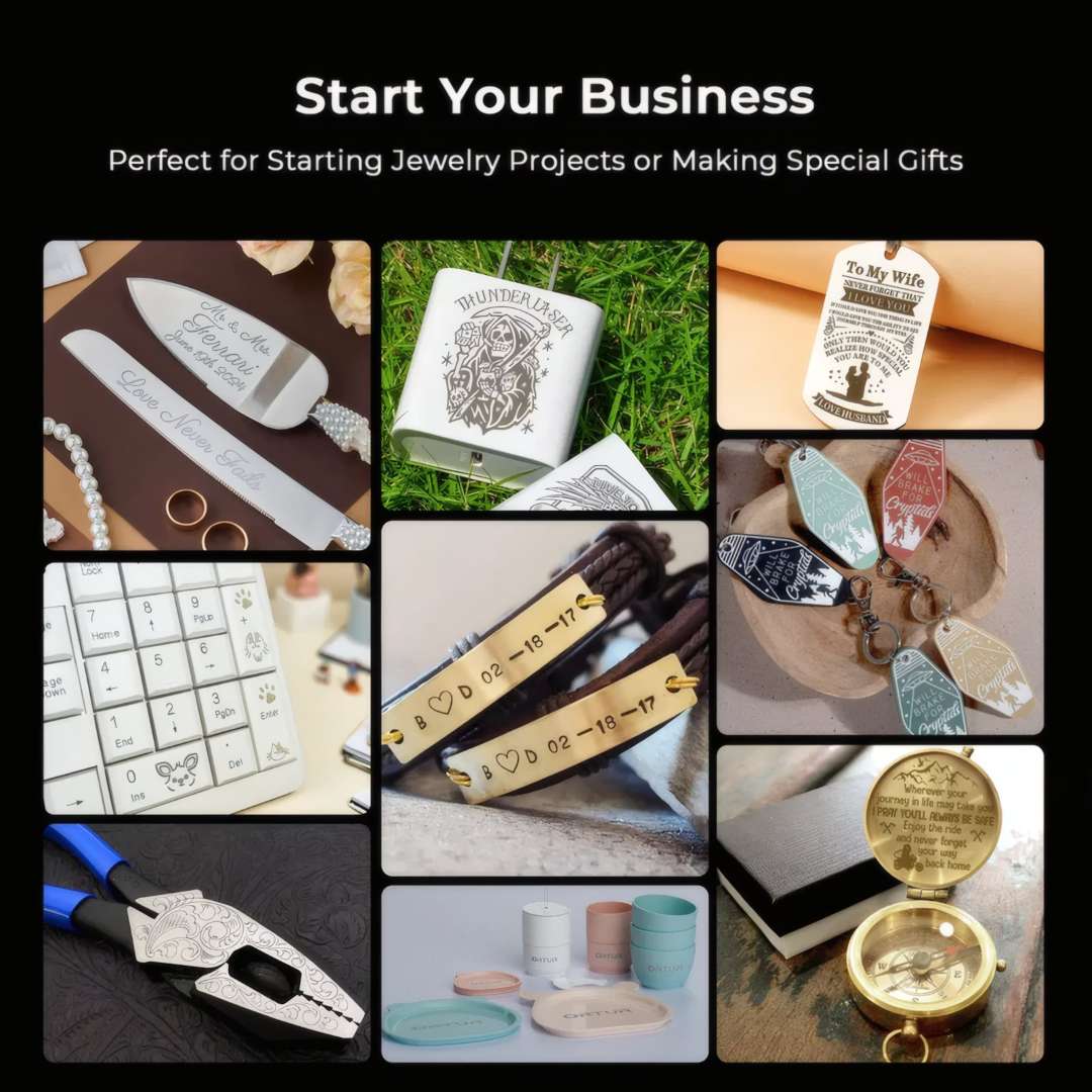 Muestras de grabado láser en superficies de metal, plástico, cuero y cerámica incluyendo joyería, llaveros y artículos personalizados