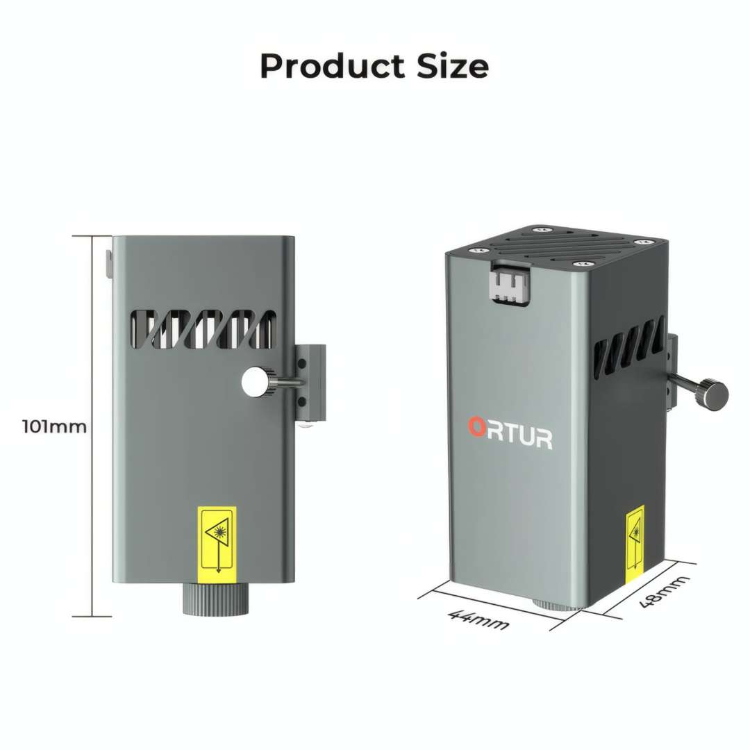 Módulo láser Ortur con dimensiones 101mm × 44mm × 48mm, carcasa de aluminio con ranuras de ventilación y pomo de ajuste de enfoque