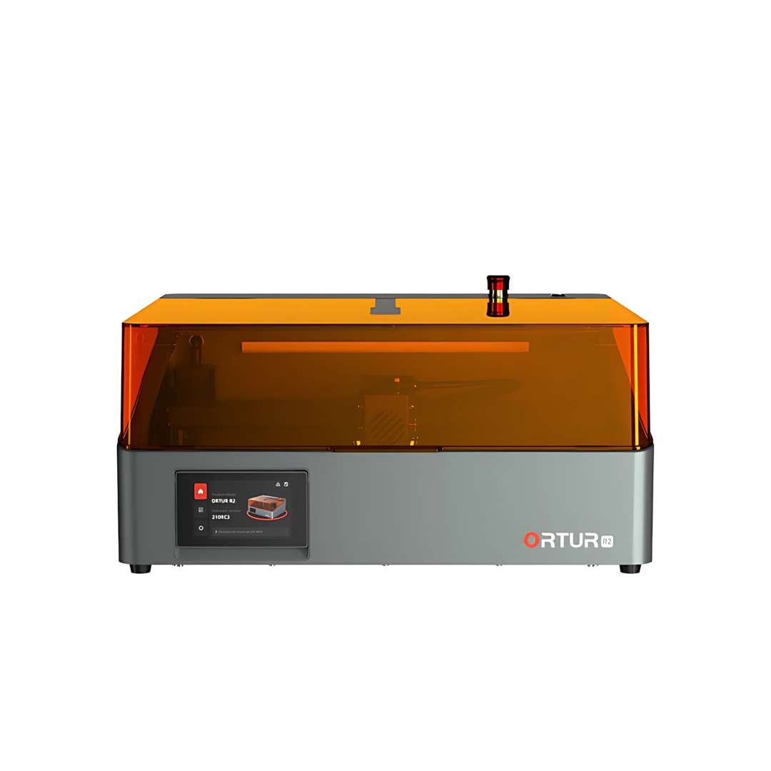 RTUR resin 3D printer with orange acrylic build chamber, touchscreen control panel, and integrated heating system