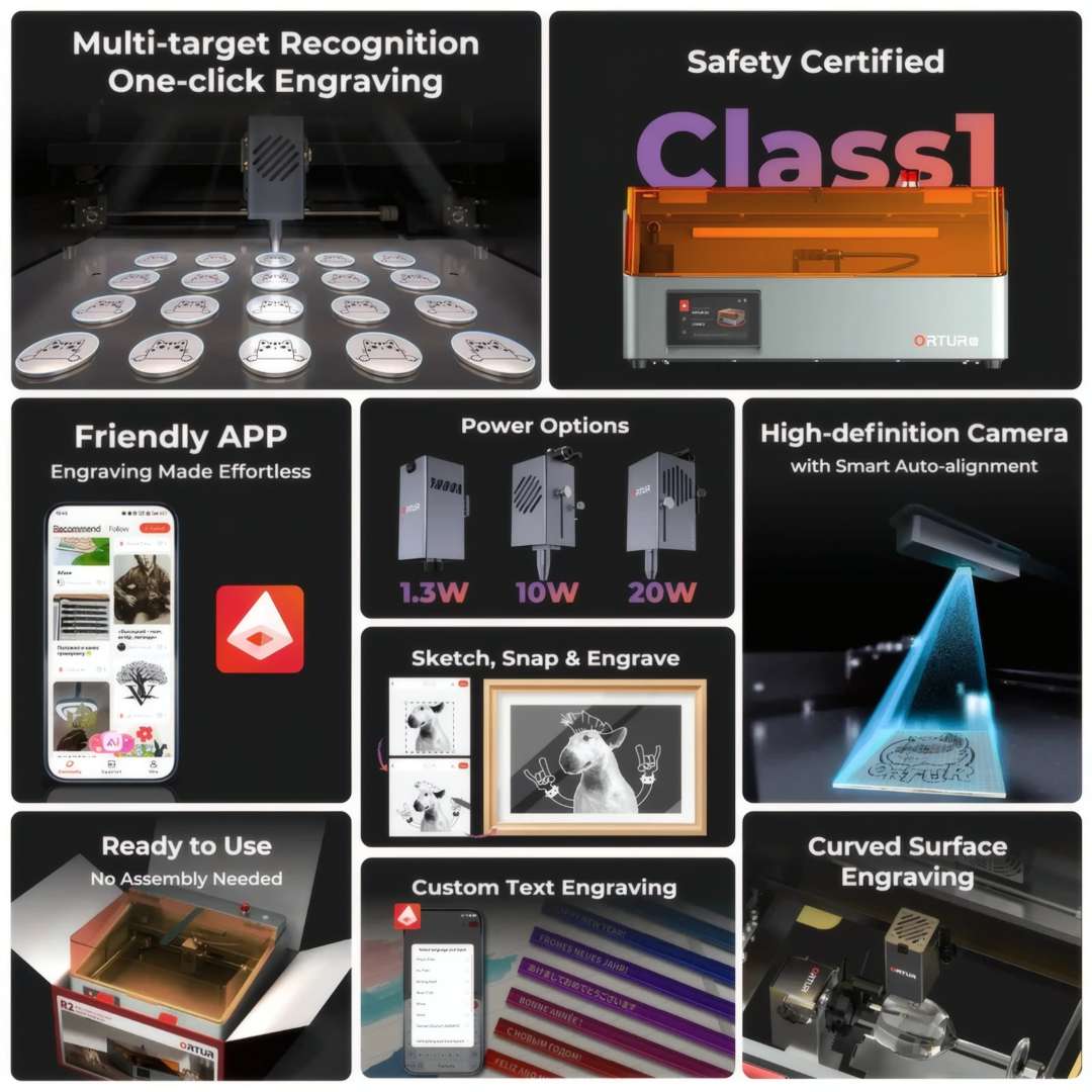 Collage de la grabadora láser Ortur mostrando grabado multidiana, seguridad Clase 1, opciones de potencia de 1,3W a 20W, cámara HD y capacidad para superficies curvas