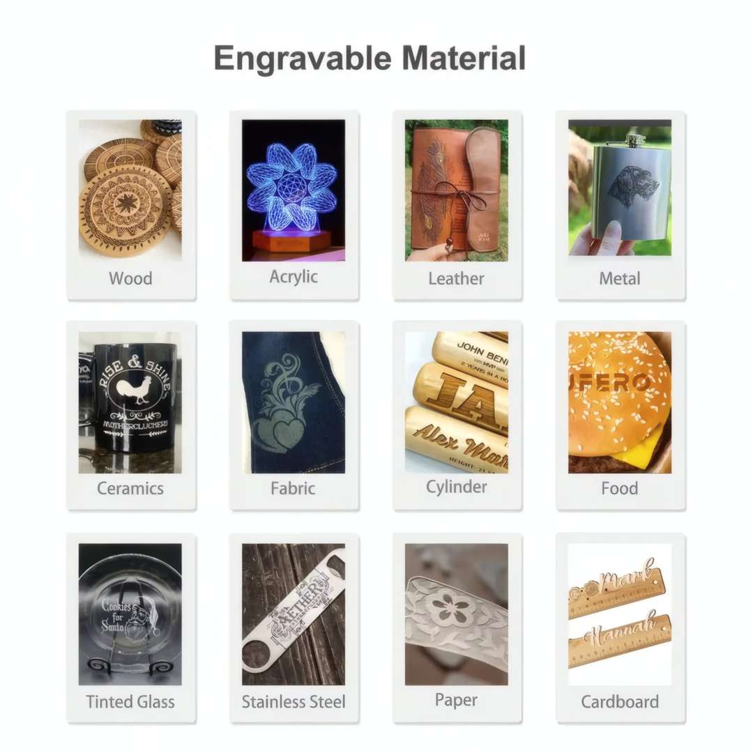 Cuadro de compatibilidad del grabador láser con 12 materiales grabables: madera, acrílico, cuero, metal, cerámica, tela, vidrio y cartón
