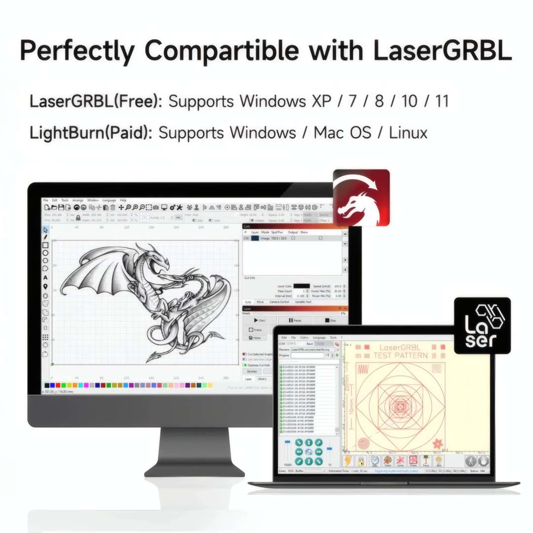 Gráfico de compatibilidad de software del grabador láser con las interfaces de LaserGRBL y LightBurn en pantallas de sobremesa y portátil