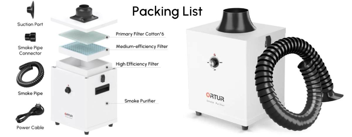 Purificador de humo Ortur 1.0 para grabadora láser, contenido del paquete