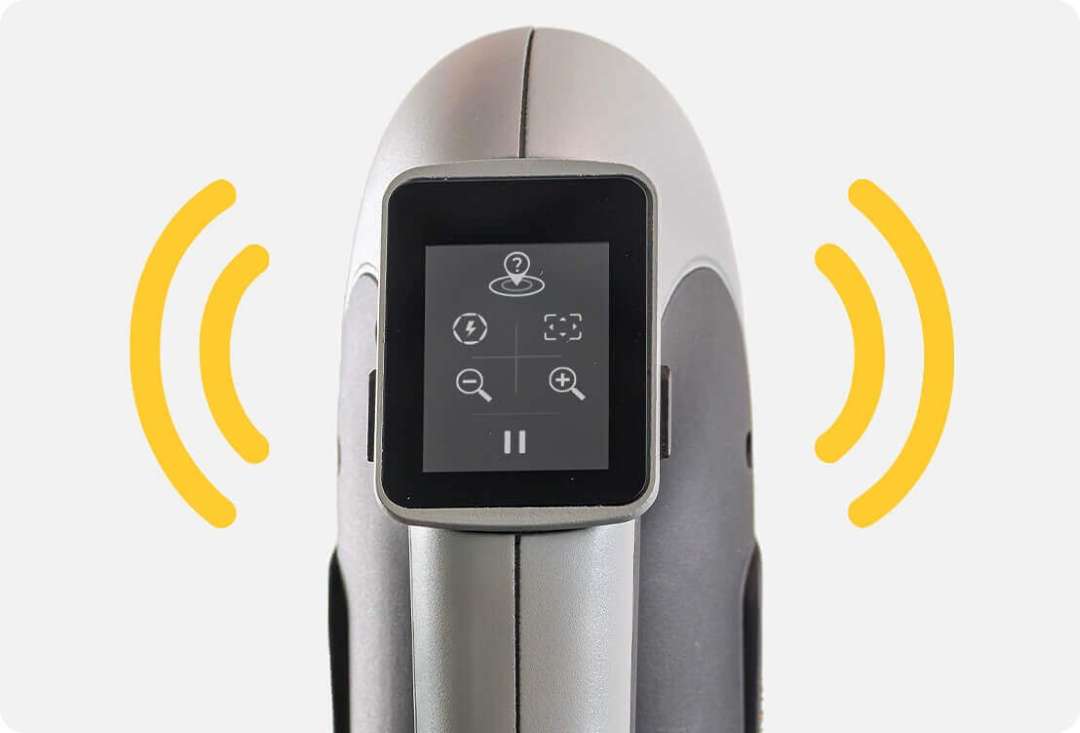 Interfaz táctil en el escáner Peel 3, que muestra iconos de control rodeados por ondas gráficas amarillas de señal