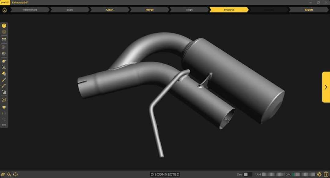 Interfaz de software que muestra un modelo 3D escaneado de un sistema de escape de automóvil