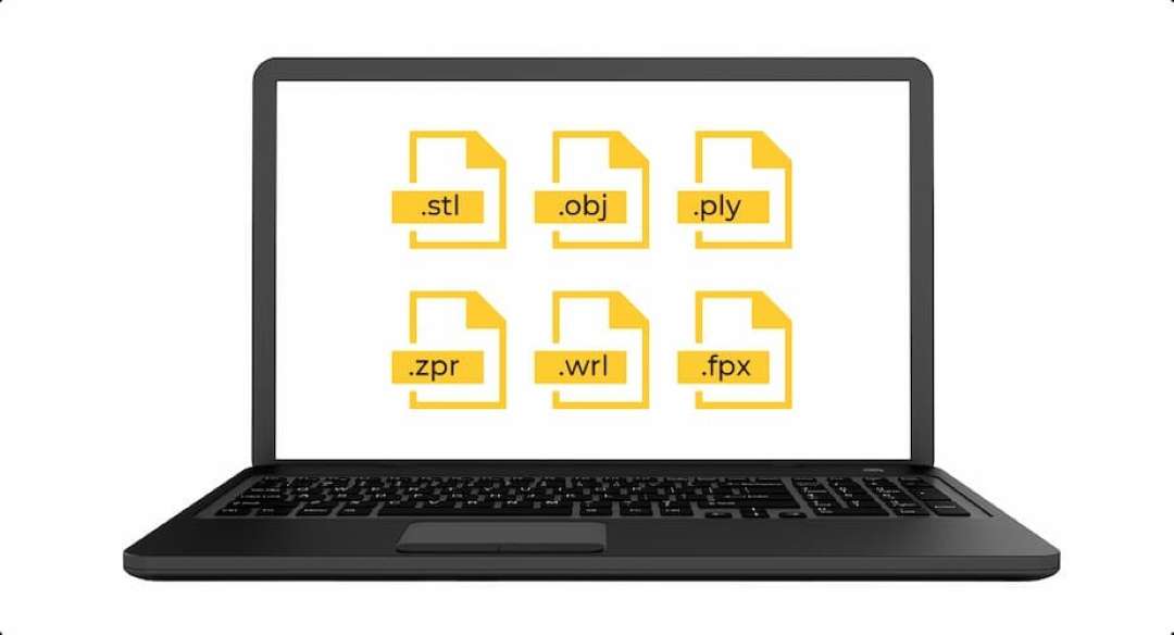 Portátil mostrando seis formatos de archivo compatibles para la exportación de modelos 3D, incluyendo stl