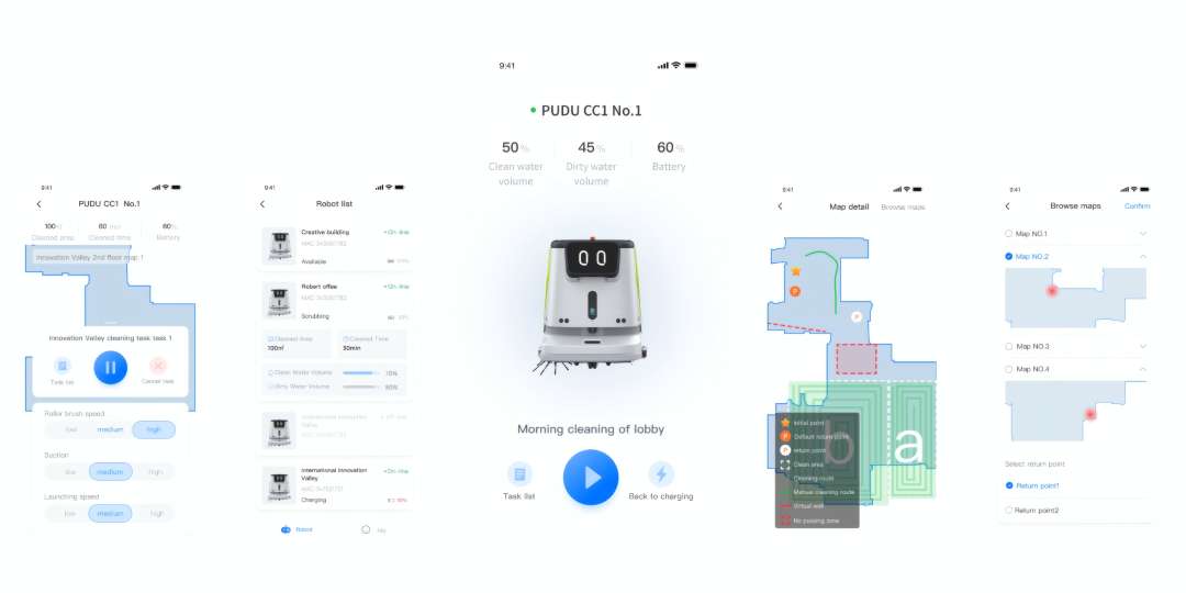 Interfaz de la aplicación móvil del PUDU CC1 con cinco paneles: gestión de tarea activa, lista de flota de robots, estado en tiempo real con niveles de depósito y batería, detalle de mapa con zonas de limpieza, y selección de múltiples mapas