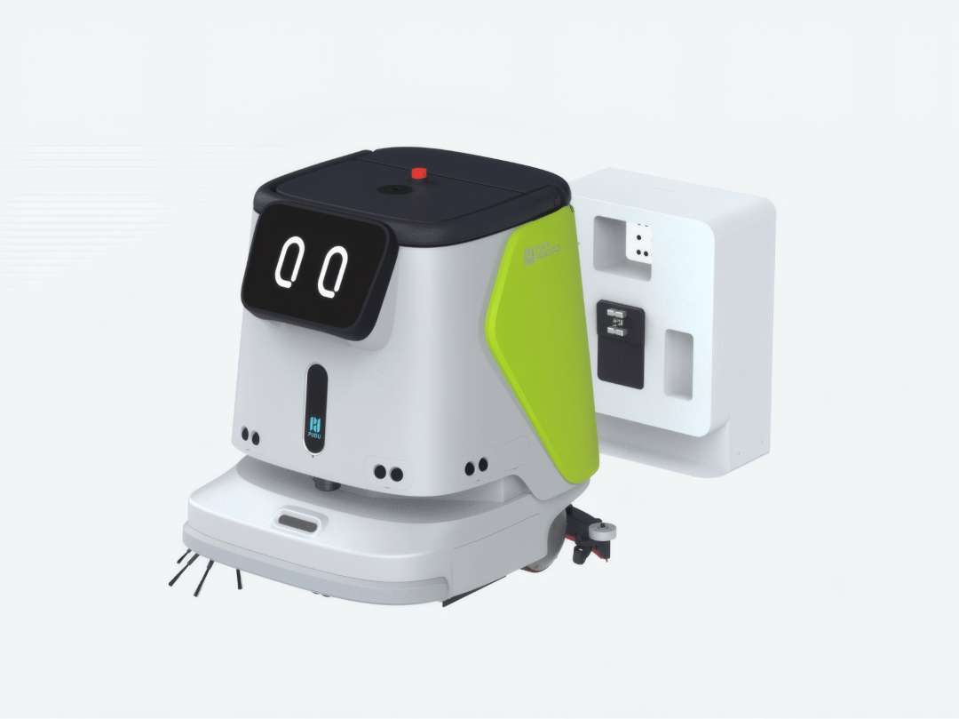 Ecosistema completo PUDU CC1 mostrando el robot limpiador, la base de acoplamiento montada en pared y la estación de agua móvil portátil como sistema autónomo de limpieza