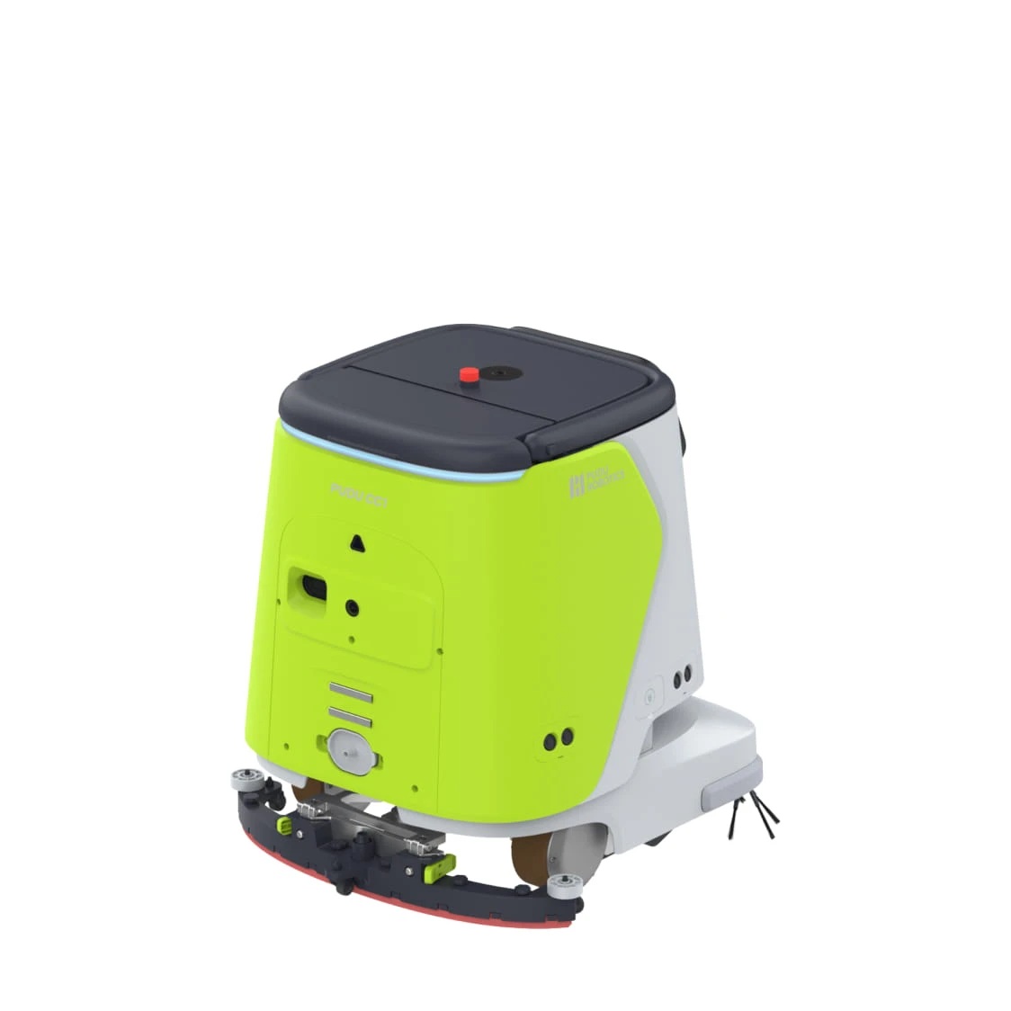 Vista trasera del PUDU CC1 Green mostrando la plataforma de limpieza modular con escobilla, cepillos principales de fregado y cepillo lateral en configuración de fregado