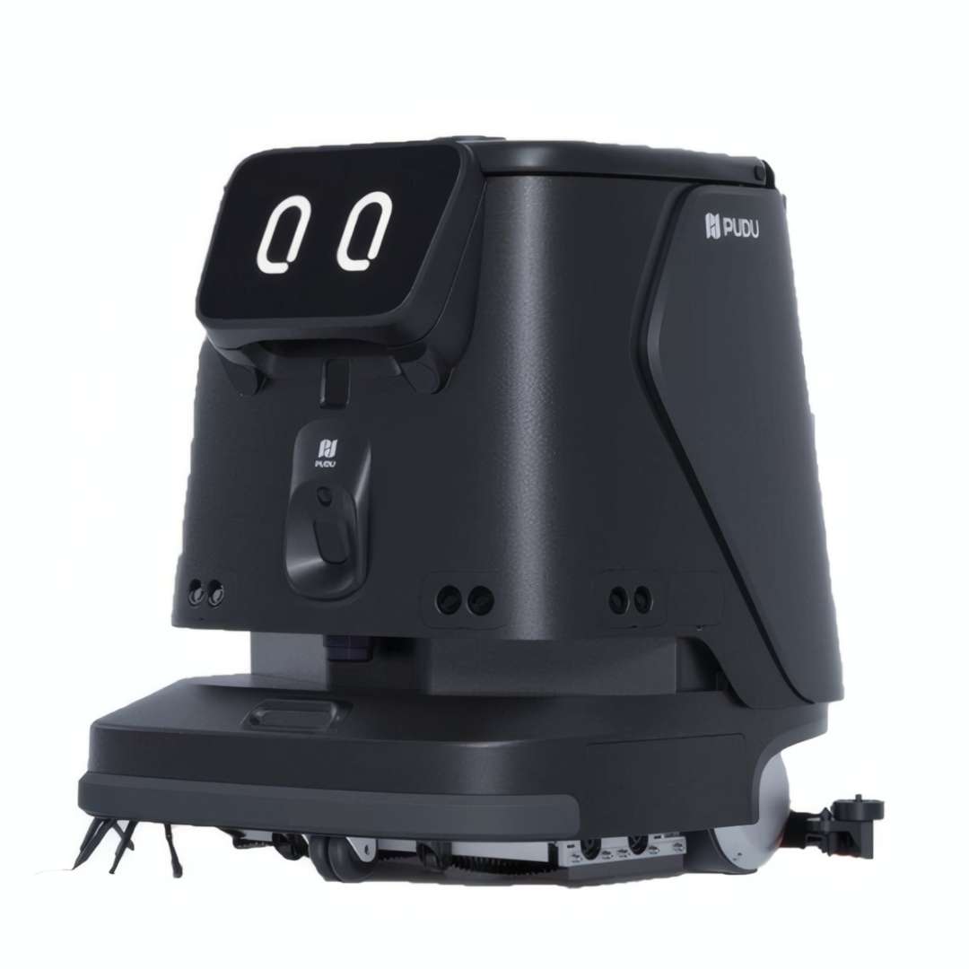 Robot de limpieza comercial autónomo PUDU CC1 Negro — vista trasera en tres cuartos con logotipo PUDU, ensamblaje de doble cepillo rodante, cepillo lateral y escobilla en la base