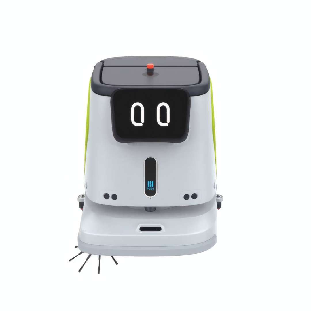 Robot limpiador comercial PUDU CC1 Green visto de frente mostrando la pantalla LCD de 10,1 pulgadas, la carcasa blanca y verde lima, y la plataforma de limpieza modular inferior