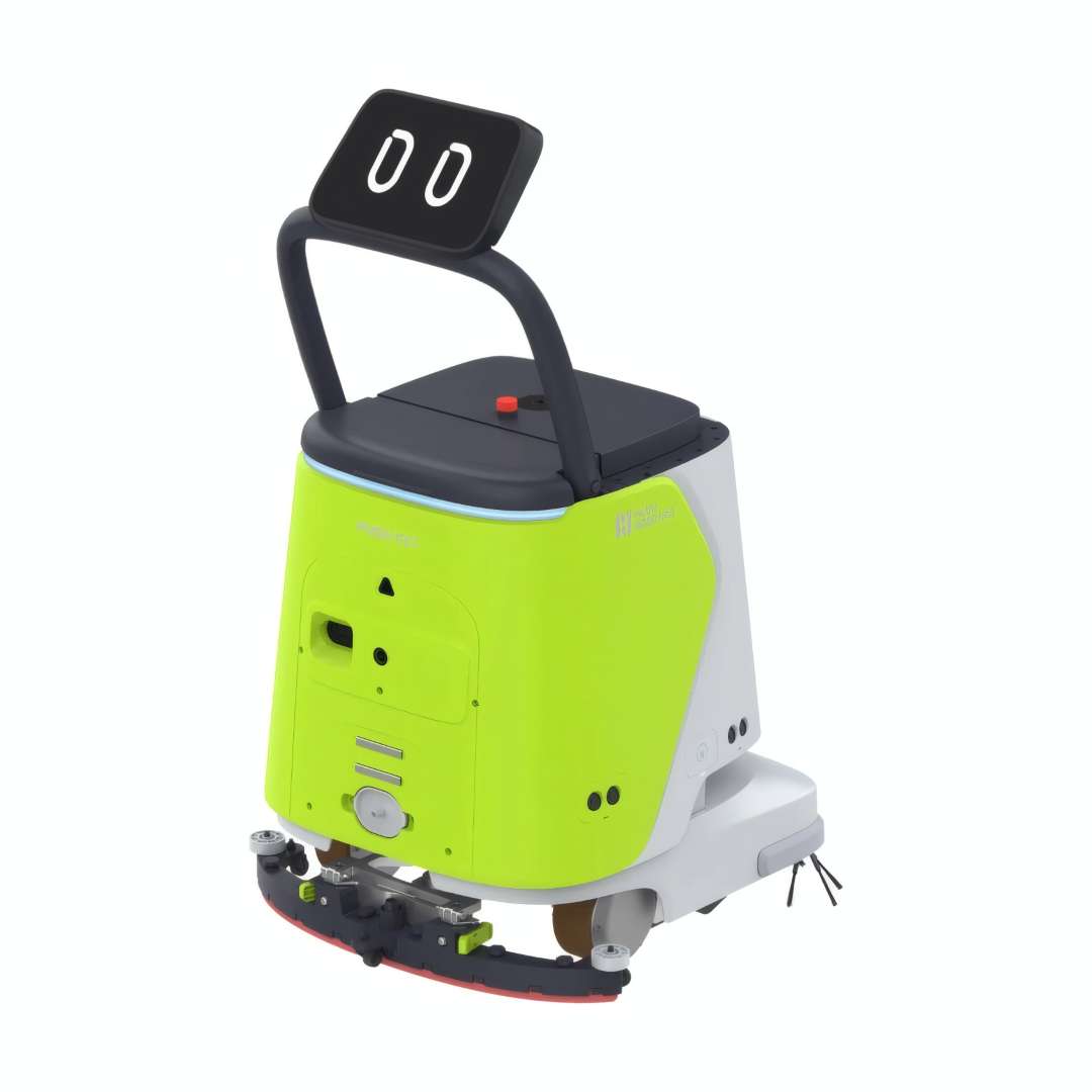 Robot de limpieza comercial PUDU CC1 en verde — asa completamente levantada con pantalla LCD de 10,1 pulgadas, ensamblaje de cepillo de fregado rodante, escobilla roja y cepillo lateral en la base