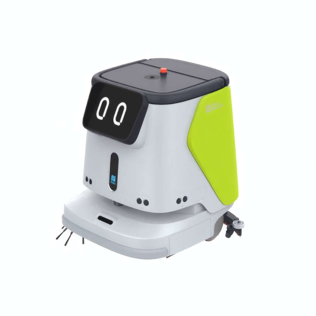 Vista isométrica del robot limpiador comercial PUDU CC1 Green mostrando la carcasa blanca y verde lima, pantalla LCD, cepillo lateral, ruedas de tracción y disposición de la plataforma de limpieza