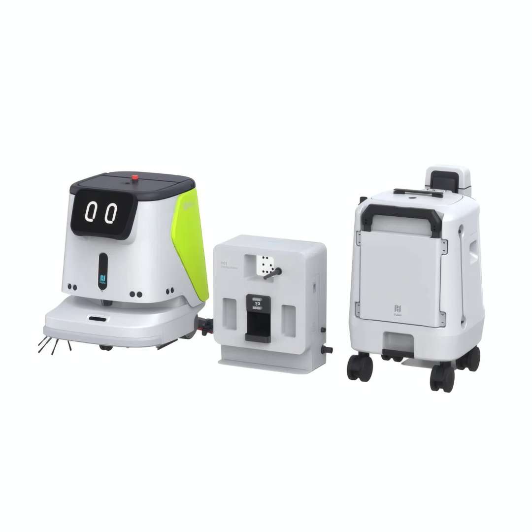 Ecosistema completo PUDU CC1: robot de limpieza verde, estación de acoplamiento CC1 para gestión de agua y carga, y estación de agua móvil — las tres unidades juntas